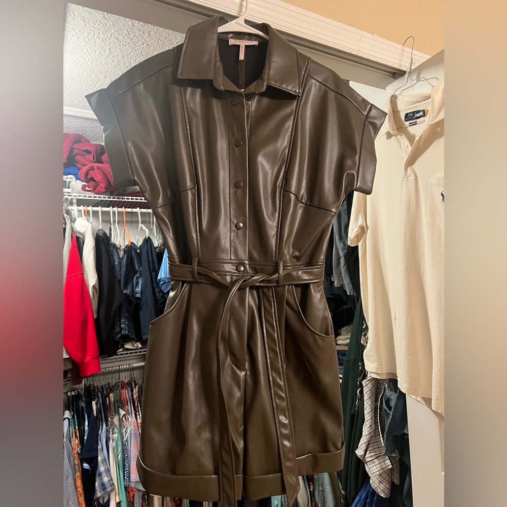 BCBG Faux Leather Romper in khaki, size small, never been worn